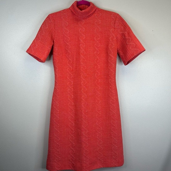 Vintage 60s 70s Mock Neck Orange/Red Dress Size S/M Womens Retro EUC Groovy - Picture 2 of 11